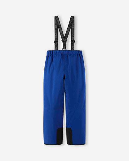 Back flat lay view of the twilight blue Reima Proxima kids' ski pants, showcasing the clean lines, elastic waistband, and heavy-duty black reinforced lower legs built to withstand heavy wear and tear on the mountain.