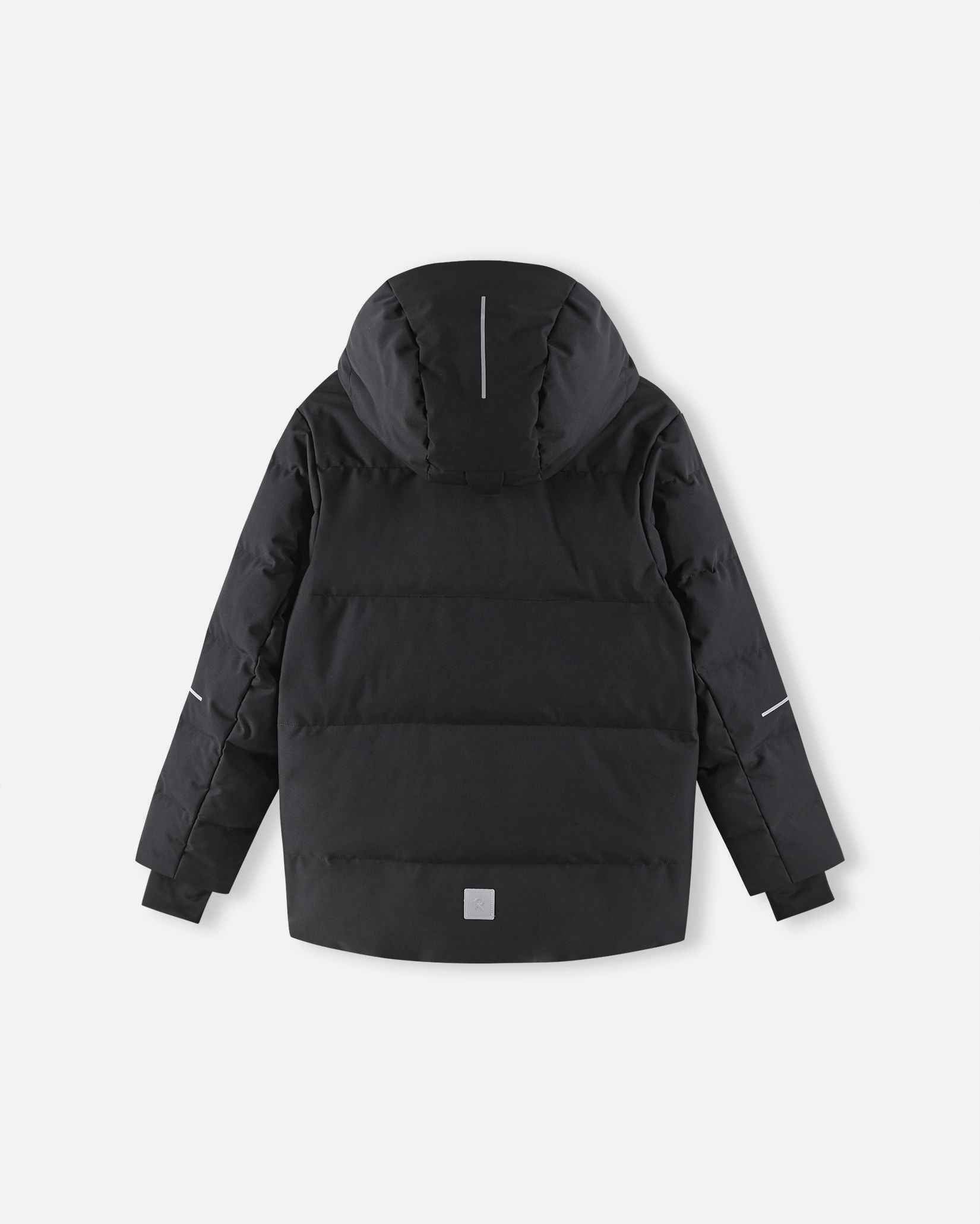 Back view of the Reima Ranua kids' down ski jacket in black, featuring horizontal down insulation quilting, a reflective back patch, and safety strips on the sleeves for high visibility on the ski slopes.