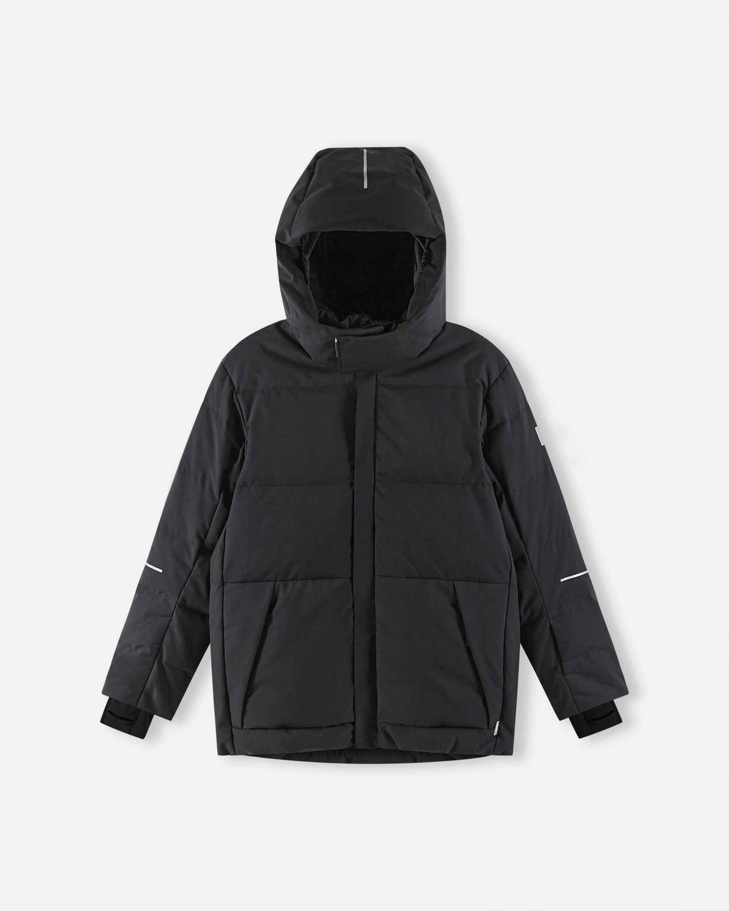 Front view of the warm Reima Ranua kids' down ski jacket in black, showing the insulated hood fully raised and a high protective collar designed to block out harsh winter wind and snow.