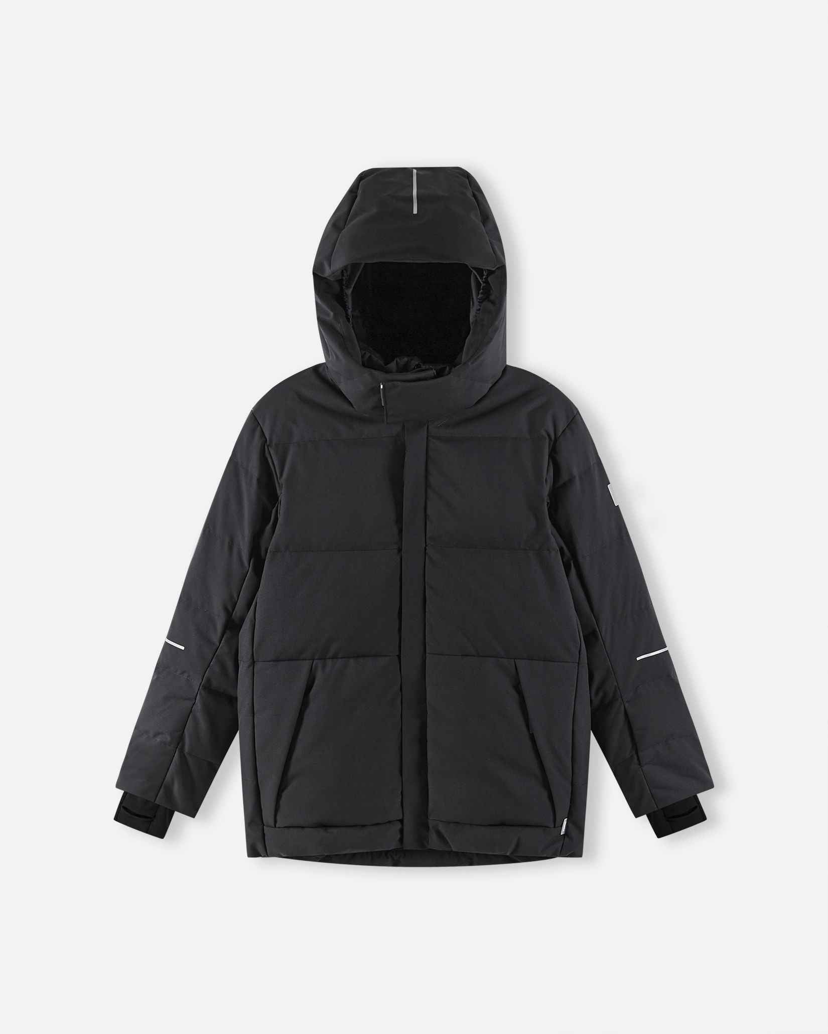 Front view of the warm Reima Ranua kids' down ski jacket in black, showing the insulated hood fully raised and a high protective collar designed to block out harsh winter wind and snow.