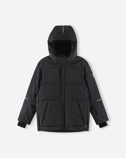 Front view of the warm Reima Ranua kids' down ski jacket in black, showing the insulated hood fully raised and a high protective collar designed to block out harsh winter wind and snow.