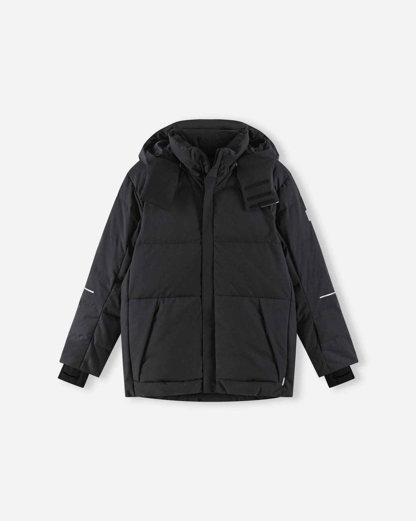 The primary product photograph of the warm Reima Ranua kids' down ski jacket in black, showcasing a complete front view with thick down insulation quilting, an insulated hood, and adjustable cuffs.