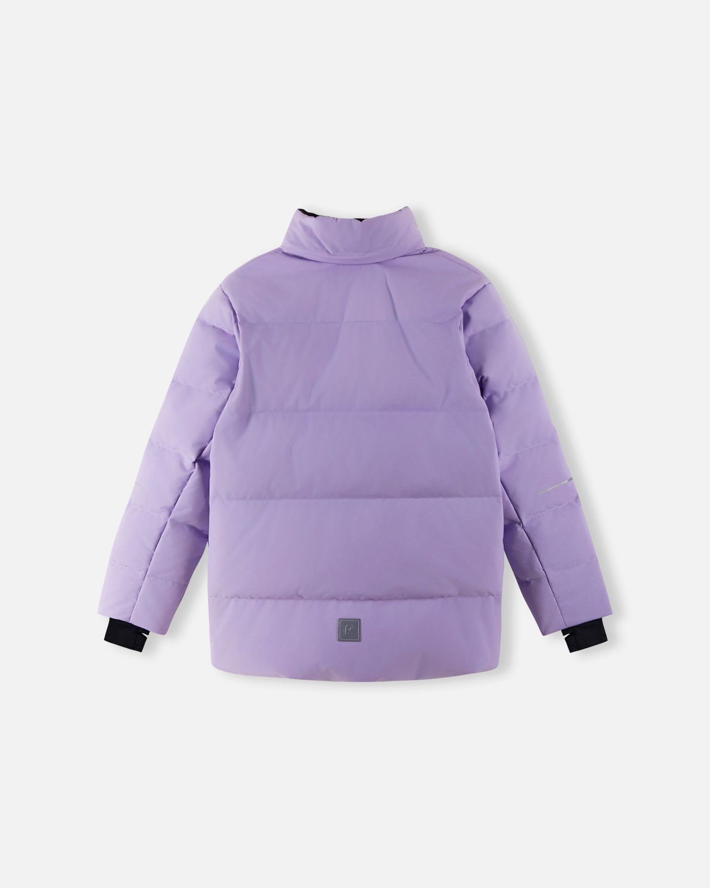 Back view of the Reima Ranua kids' down ski jacket in blooming lilac with the detachable hood removed, highlighting the high protective collar and horizontal down insulation quilting designed to trap body heat.