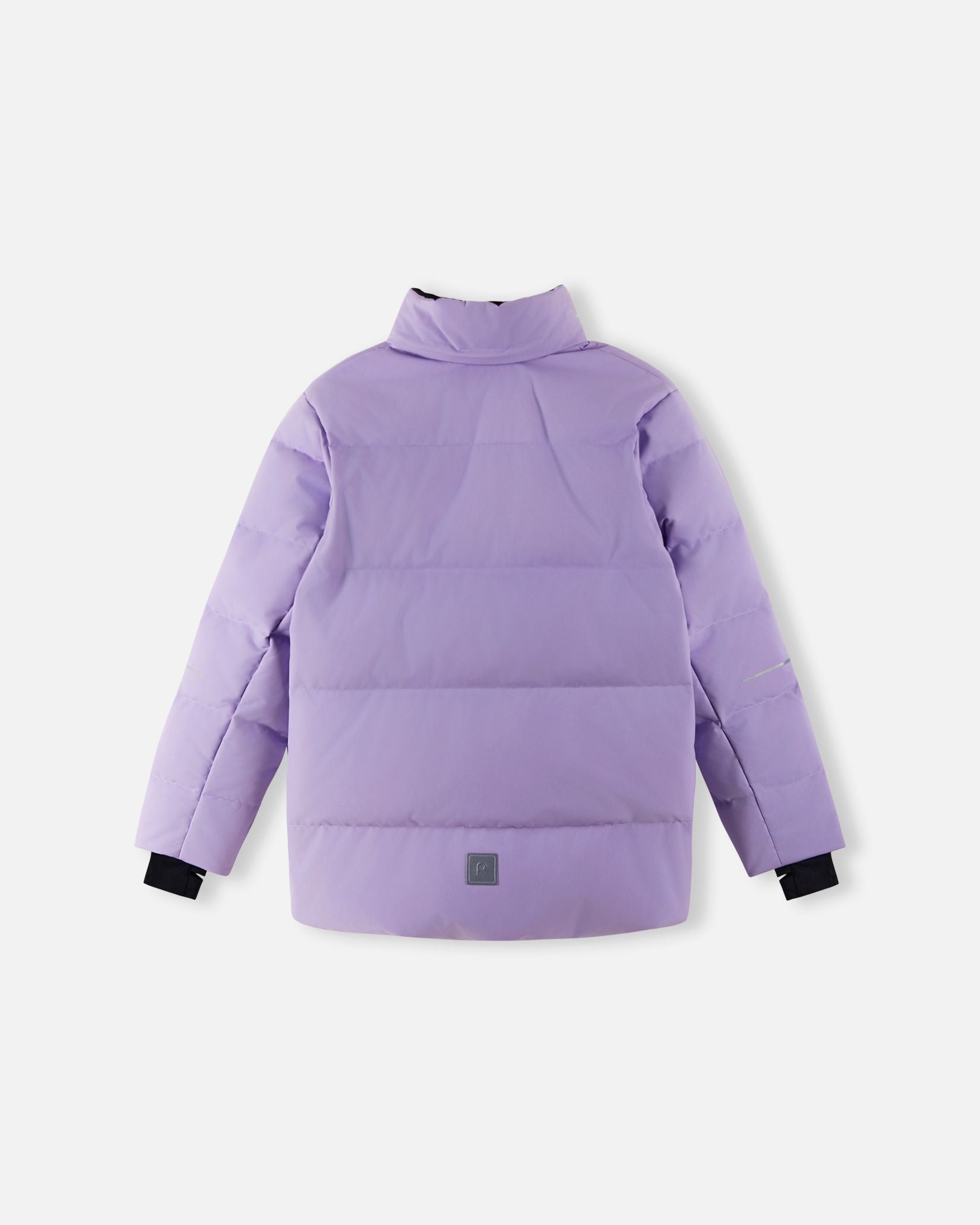 Back view of the Reima Ranua kids' down ski jacket in blooming lilac with the detachable hood removed, highlighting the high protective collar and horizontal down insulation quilting designed to trap body heat.