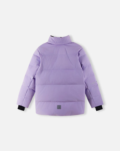 Back view of the Reima Ranua kids' down ski jacket in blooming lilac with the detachable hood removed, highlighting the high protective collar and horizontal down insulation quilting designed to trap body heat.