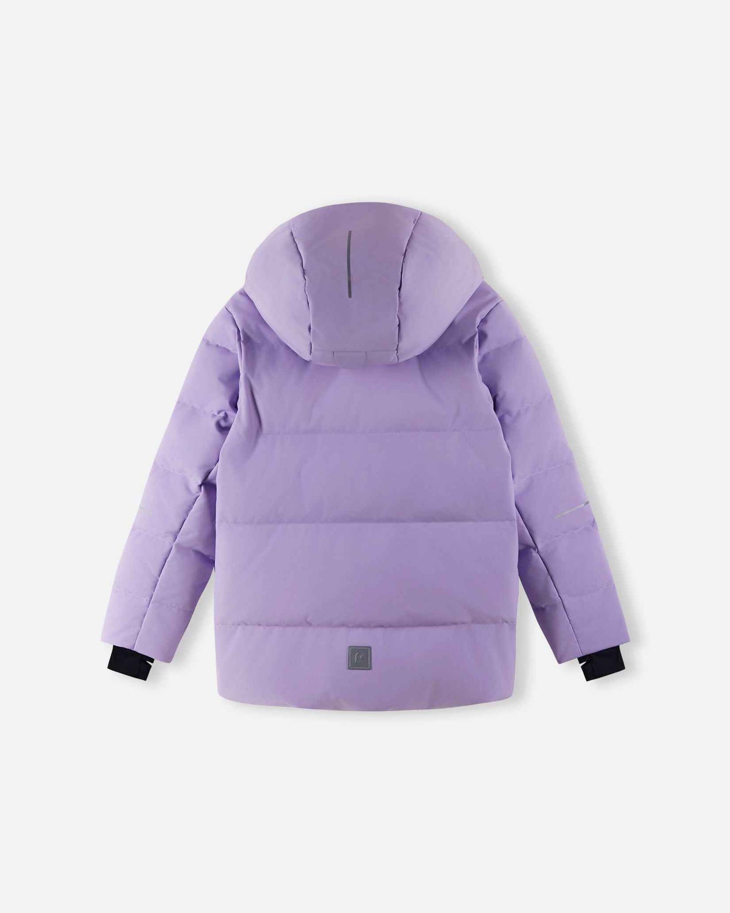 Back view of the Reima Ranua kids' down ski jacket in blooming lilac, featuring horizontal down insulation quilting, a reflective back patch, and safety strips on the sleeves for high visibility on the ski slopes.