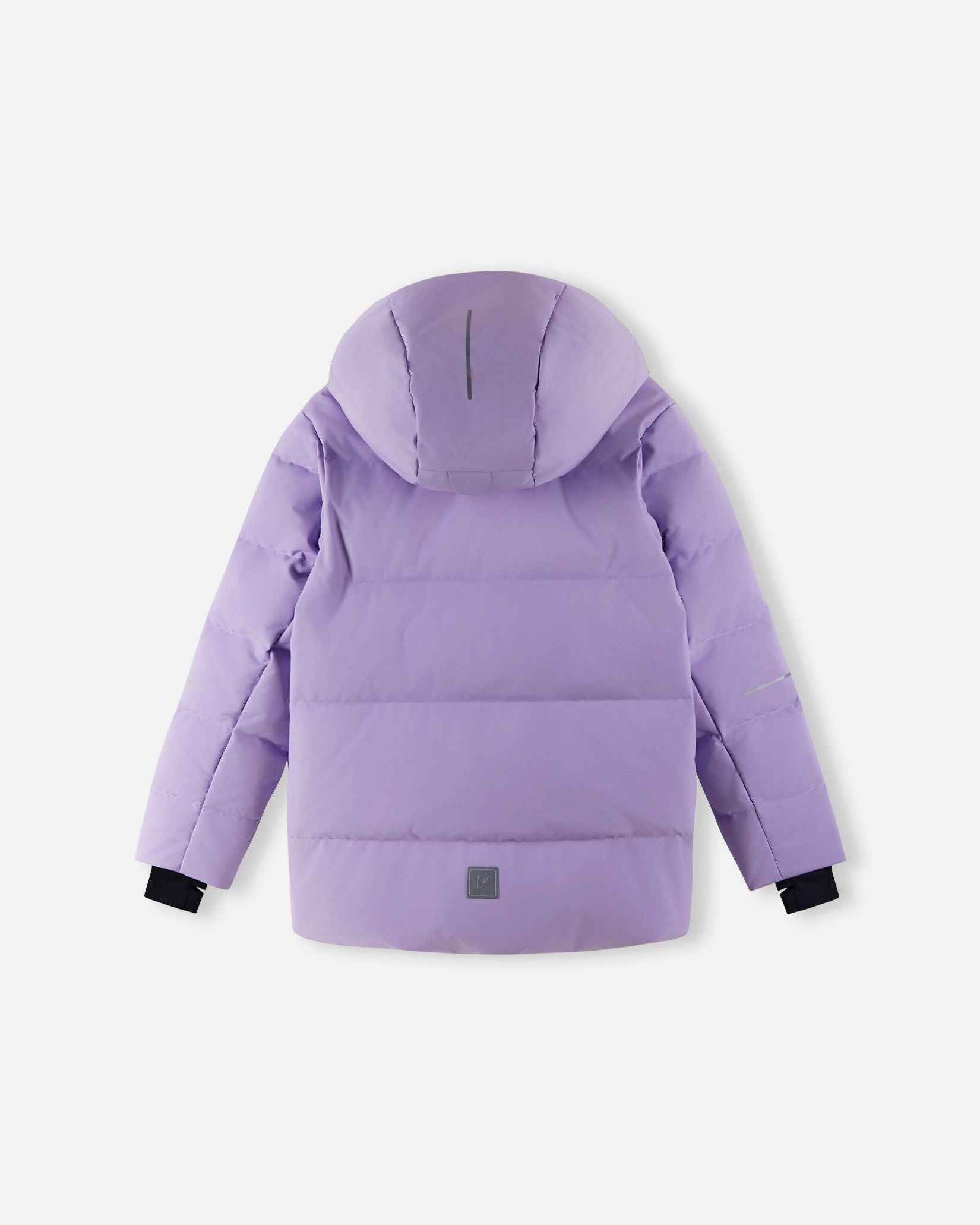 Back view of the Reima Ranua kids' down ski jacket in blooming lilac, featuring horizontal down insulation quilting, a reflective back patch, and safety strips on the sleeves for high visibility on the ski slopes.