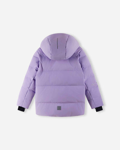 Back view of the Reima Ranua kids' down ski jacket in blooming lilac, featuring horizontal down insulation quilting, a reflective back patch, and safety strips on the sleeves for high visibility on the ski slopes.