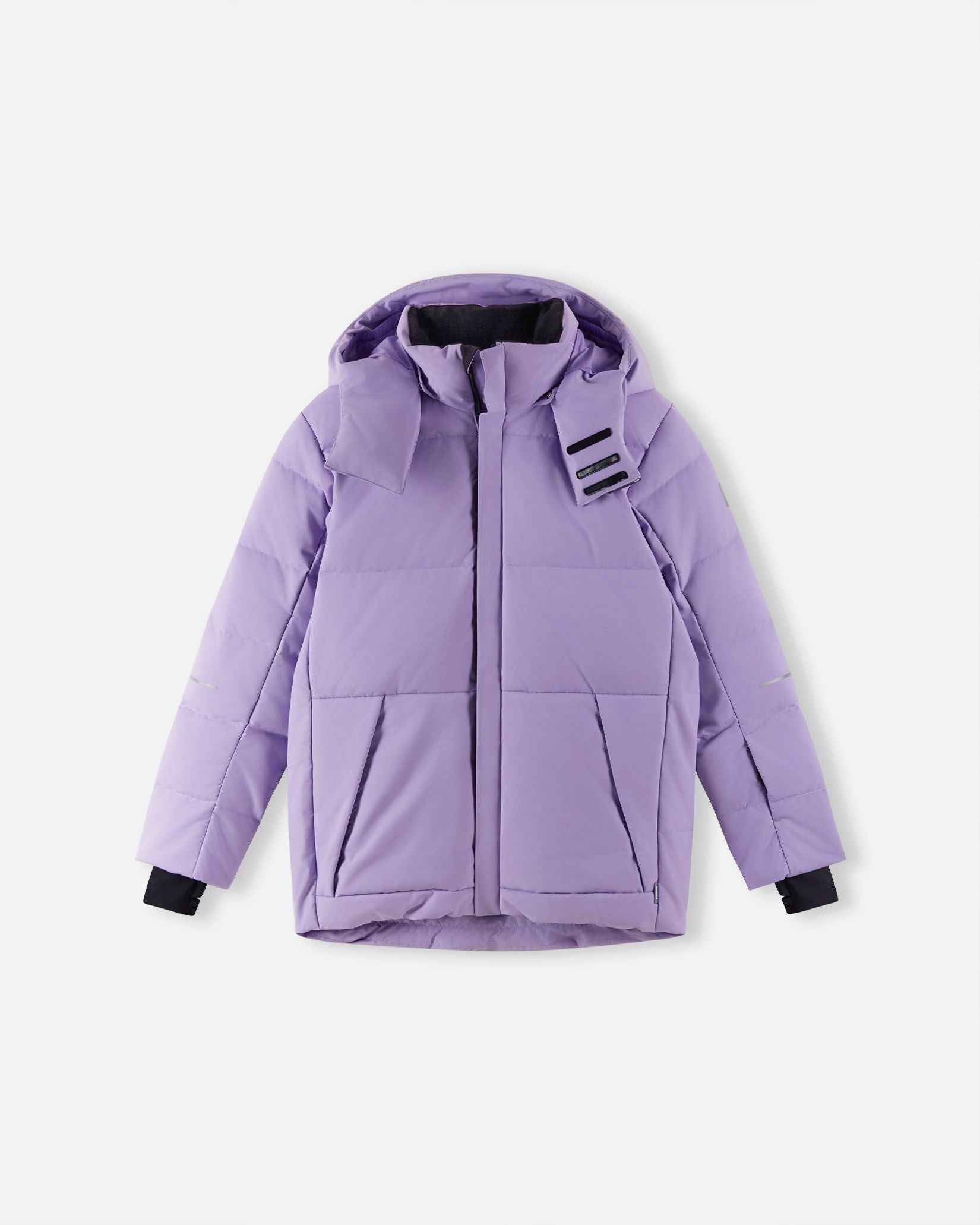 The primary product photograph of the warm Reima Ranua kids' down ski jacket in blooming lilac, showcasing a complete front view with thick down insulation quilting, an insulated hood, and adjustable cuffs.