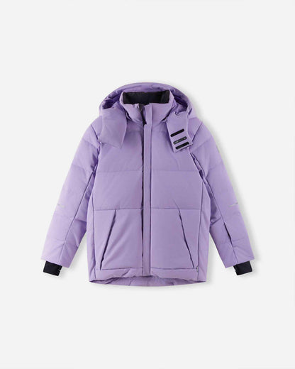 The primary product photograph of the warm Reima Ranua kids' down ski jacket in blooming lilac, showcasing a complete front view with thick down insulation quilting, an insulated hood, and adjustable cuffs.