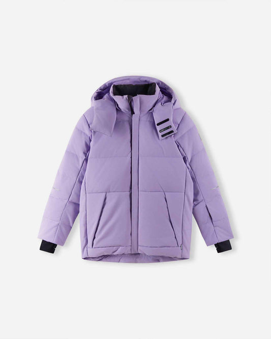 The primary product photograph of the warm Reima Ranua kids' down ski jacket in blooming lilac, showcasing a complete front view with thick down insulation quilting, an insulated hood, and adjustable cuffs.