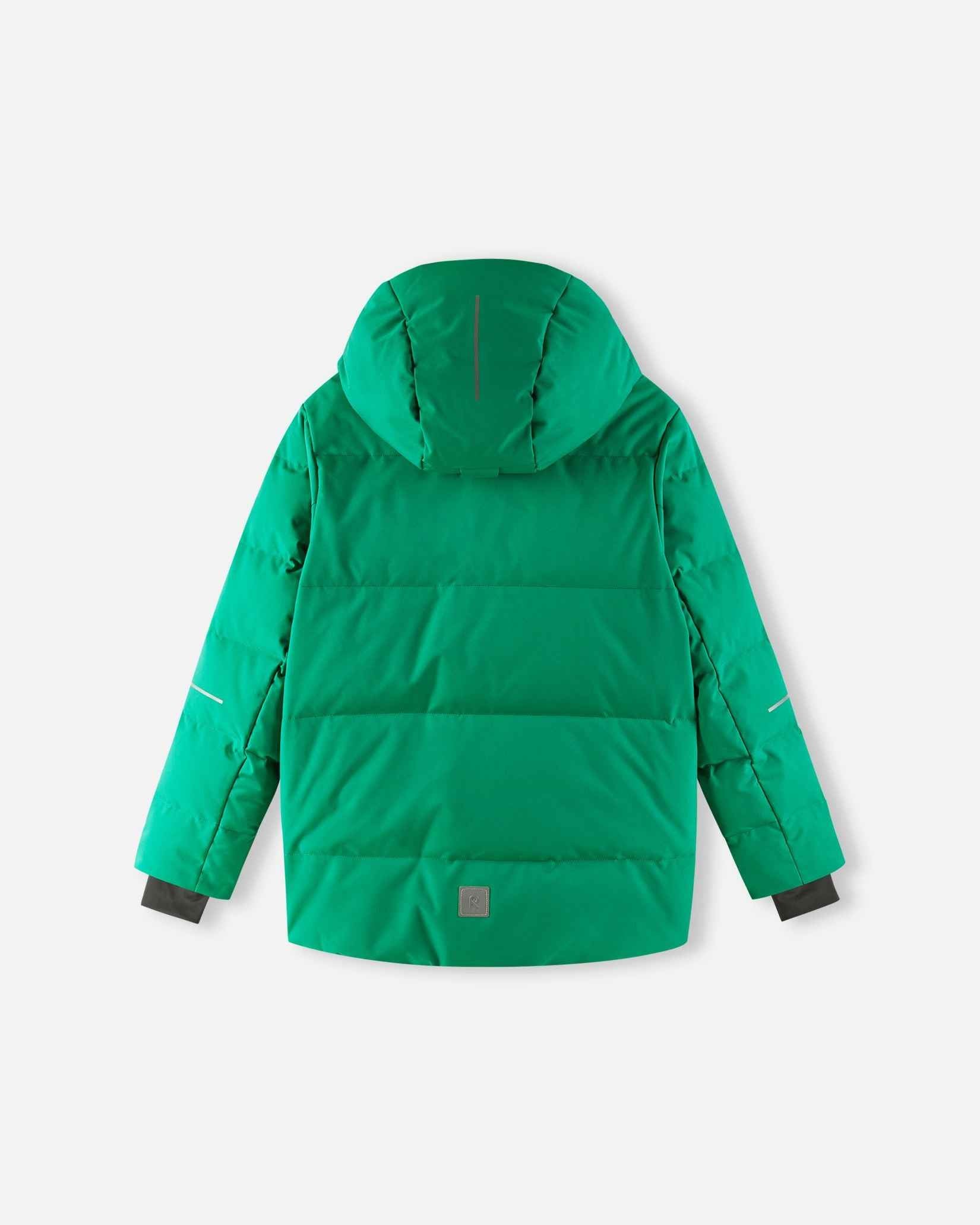 Back view of the Reima Ranua kids' down ski jacket in green, featuring horizontal down insulation quilting and reflective safety strips on the lower back and sleeves designed for high visibility on the ski slopes.