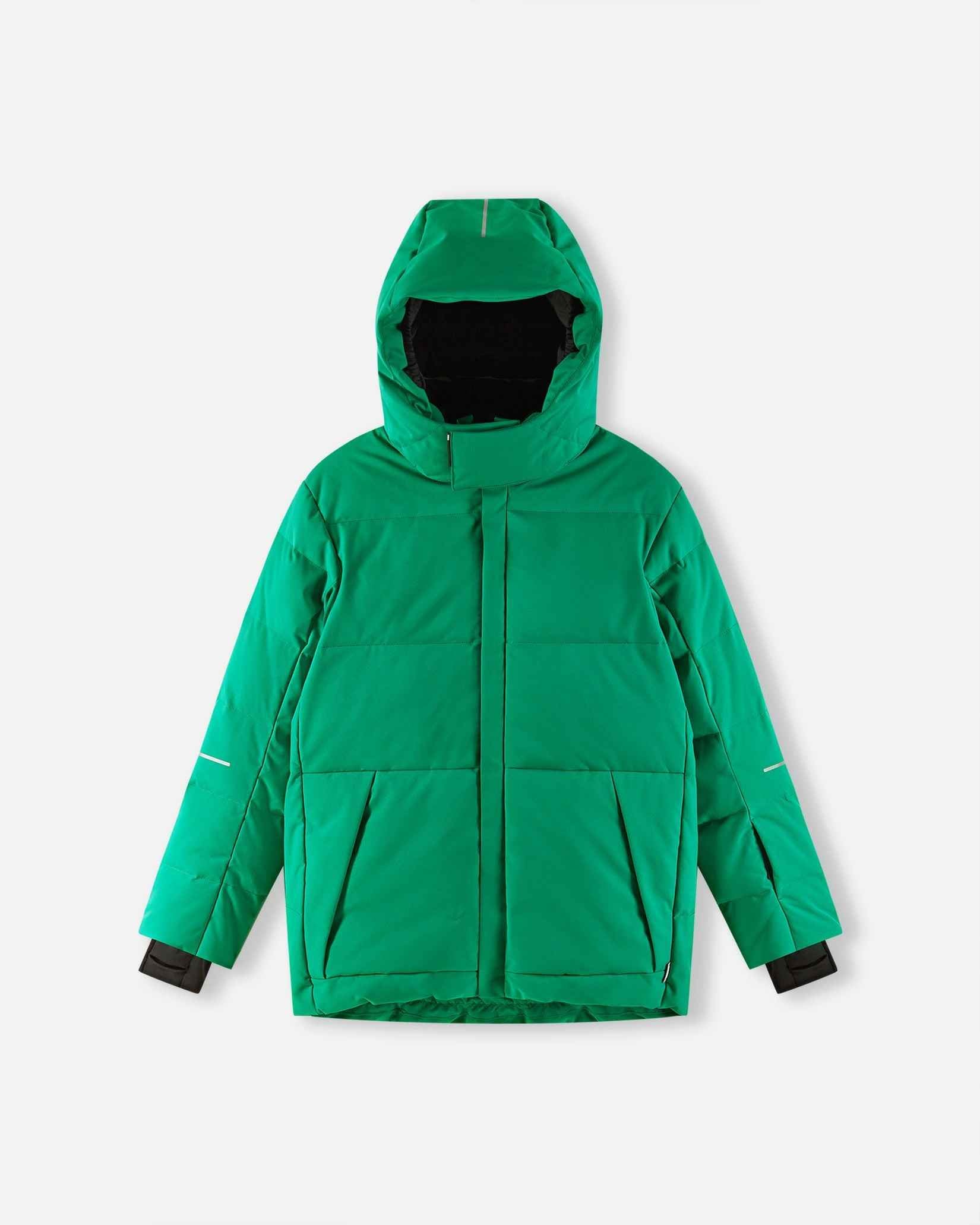 Front view of the warm Reima Ranua kids' down ski jacket in green, showing the insulated hood fully raised and a high protective collar designed to block out harsh winter wind and snow.