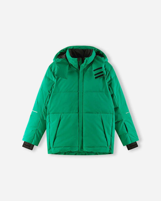 The primary product photograph of the warm Reima Ranua kids' down ski jacket in green, showcasing a complete front view with thick down insulation quilting, an insulated hood, adjustable cuffs, and distinctive black stripe detailing on the upper shoulder.
