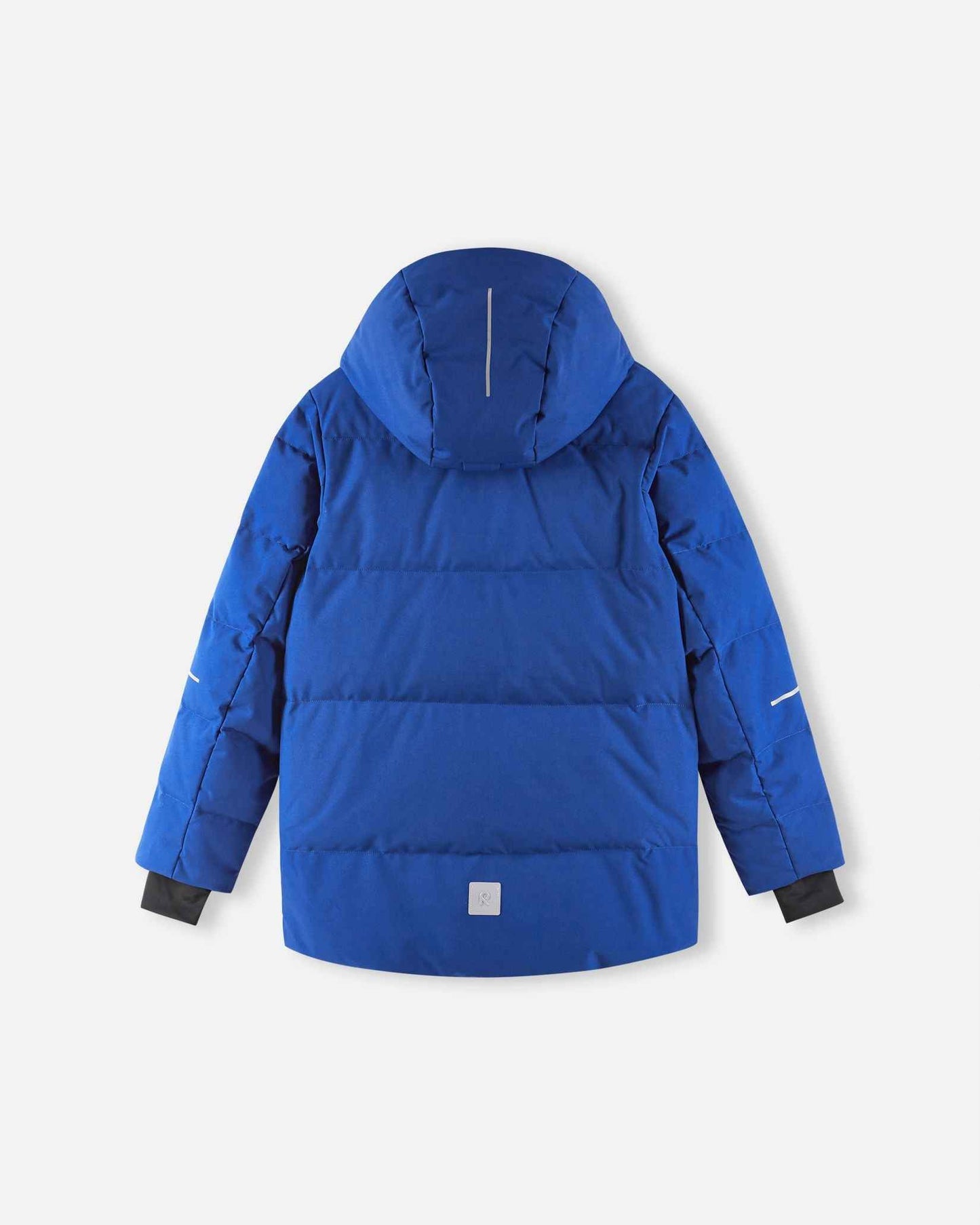 Back view of the Reima Ranua kids' down ski jacket in twilight blue, featuring horizontal down insulation quilting, a reflective back patch, and safety strips on the sleeves for high visibility on the ski slopes.