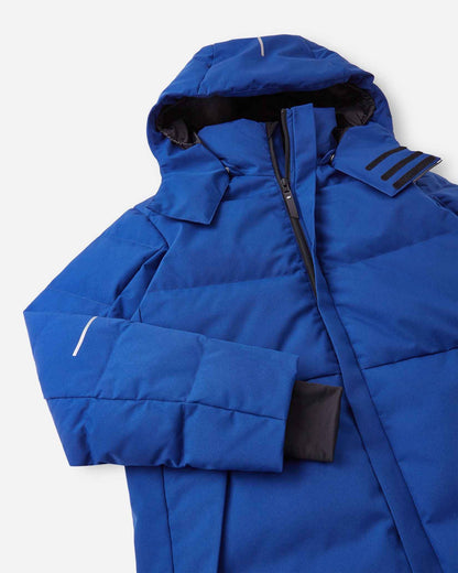Close-up of the upper half of the Reima Ranua kids' down ski jacket in twilight blue, detailing the high protective collar, the main front zipper, and adjustable velcro tabs on the insulated hood for a secure fit.