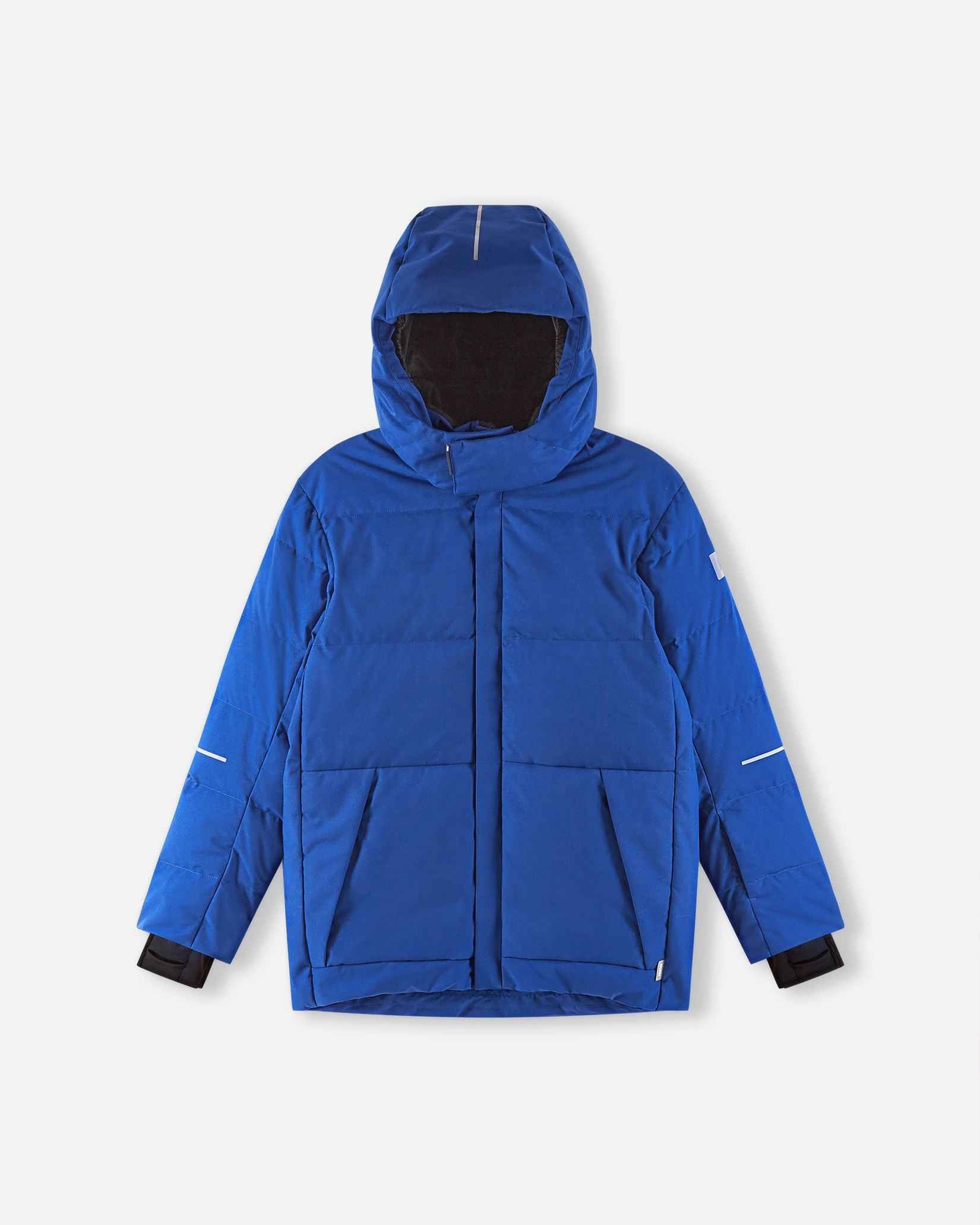 Front view of the warm Reima Ranua kids' down ski jacket in twilight blue, showing the insulated hood fully raised and a high protective collar designed to block out harsh winter wind and snow.