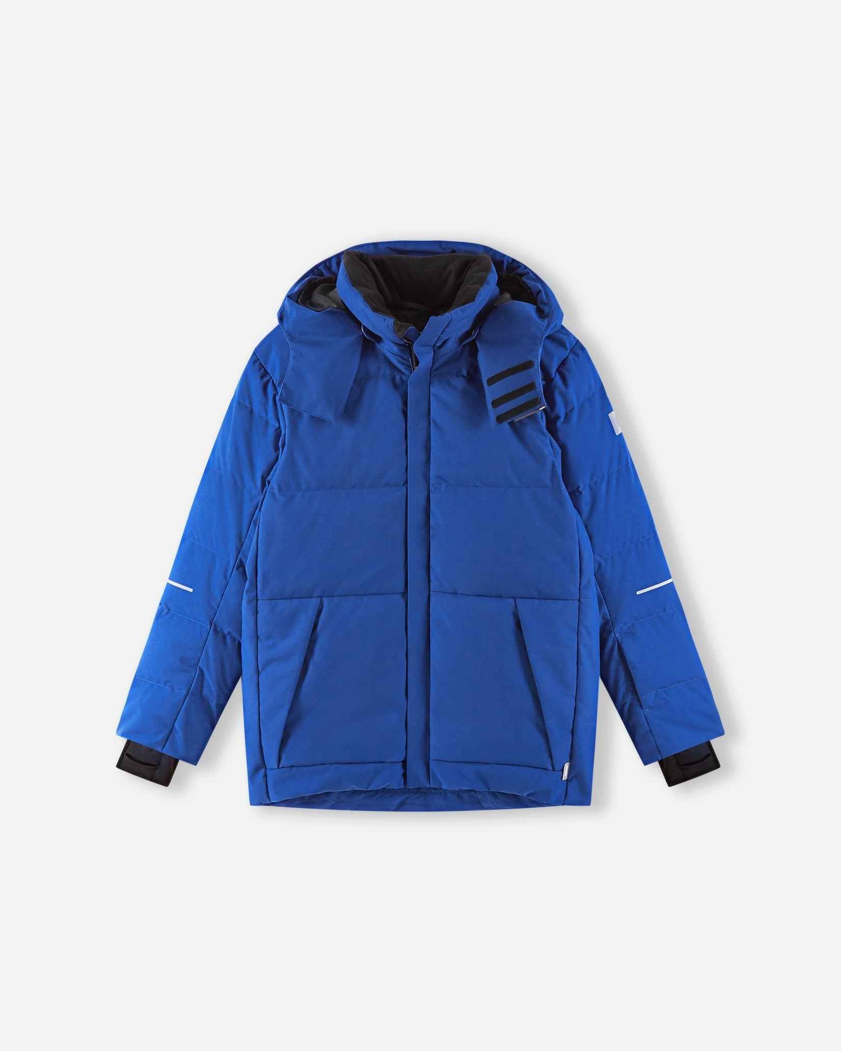 The primary product photograph of the warm Reima Ranua kids' down ski jacket in twilight blue, showcasing a complete front view with thick down insulation quilting, an insulated hood, and adjustable cuffs.