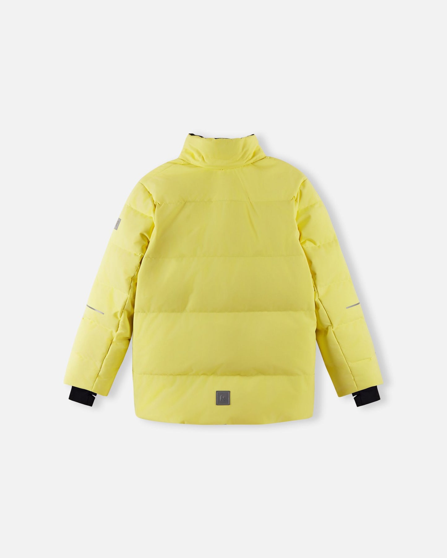 Back view of the Reima Ranua kids' down ski jacket in yellow with the detachable hood removed, detailing the high protective collar and horizontal down insulation quilting.