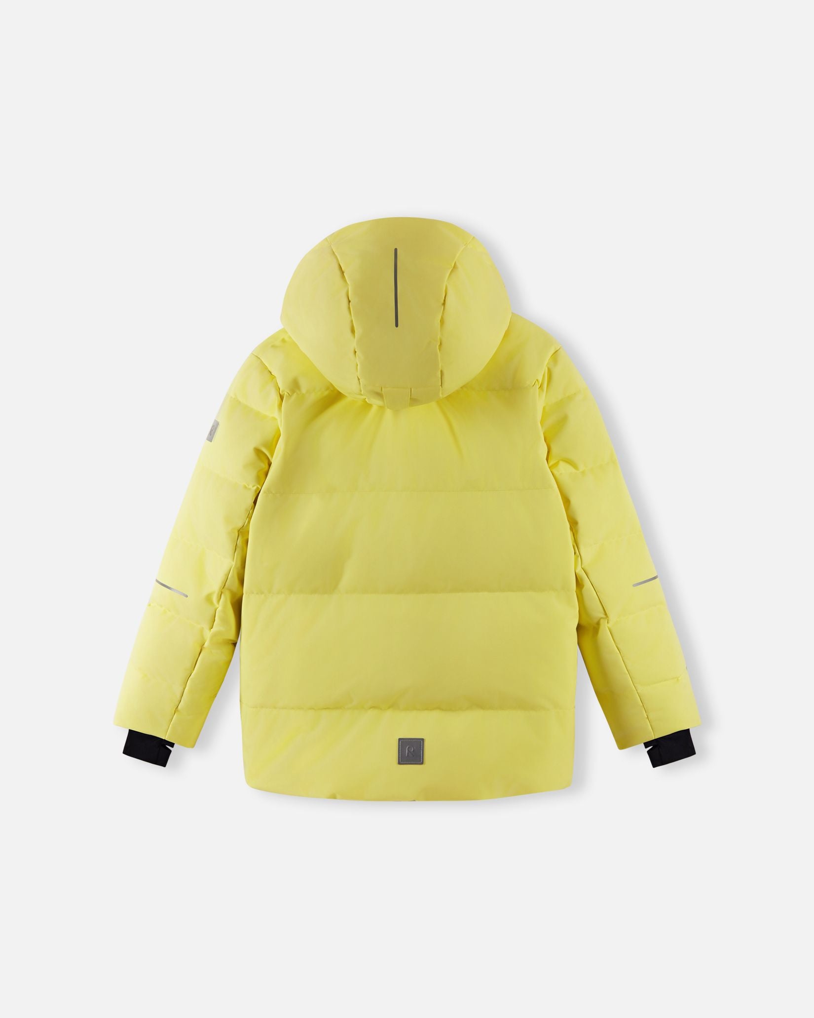 Back view of the Reima Ranua kids' down ski jacket in vibrant yellow, featuring horizontal down insulation quilting, a reflective back patch, and safety strips on the sleeves for high visibility on the ski slopes.
