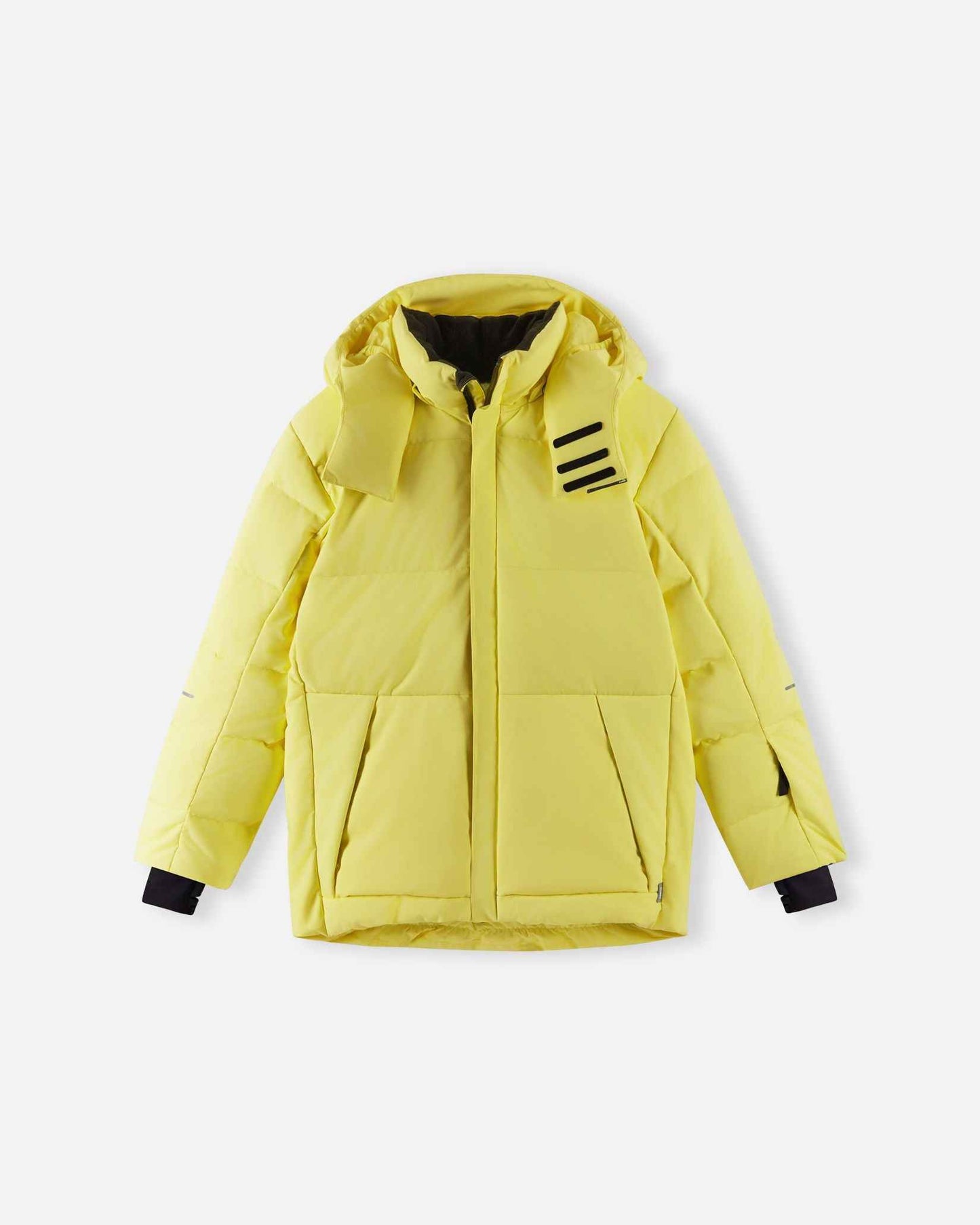 The primary product photograph of the warm Reima Ranua kids' down ski jacket in bright yellow, showcasing a complete front view with thick down insulation quilting, an insulated hood, and adjustable cuffs.
