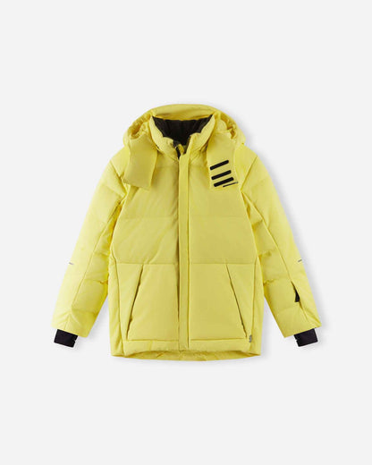 The primary product photograph of the warm Reima Ranua kids' down ski jacket in bright yellow, showcasing a complete front view with thick down insulation quilting, an insulated hood, and adjustable cuffs.