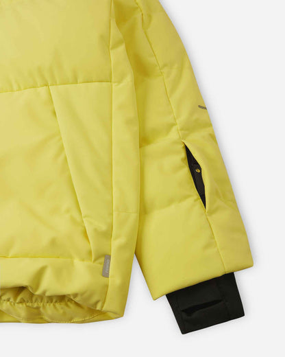 Close-up of the left sleeve on the Reima Ranua kids' down ski jacket in yellow, showing the hidden zippered ski pass pocket, reflective safety detailing, and the comfortable inner lycra thumbhole sleeve designed to seal out cold and snow.