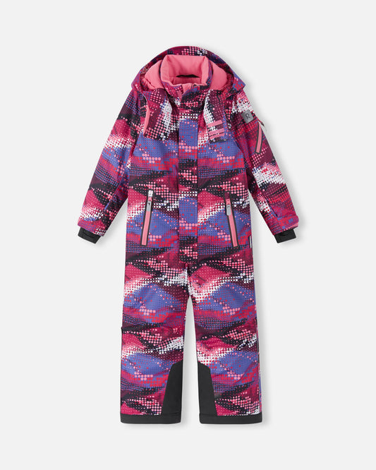 Full front view of the rosy berry Reima Reach girls' winter ski suit with the helmet-compatible hood pulled up, demonstrating the full-coverage weather protection, dual zippered chest pockets, and ergonomic design ideal for skiing and snowboarding.