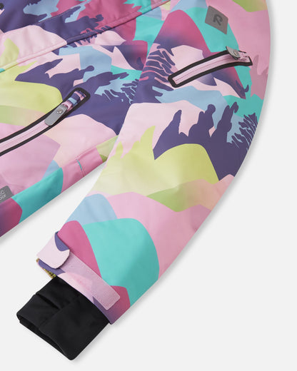 Close-up of the Reima Reach ski suit sleeve, featuring a convenient zippered ski pass pocket on the forearm, an adjustable velcro outer cuff, and a snug inner stretch cuff to lock in warmth and block cold wind.