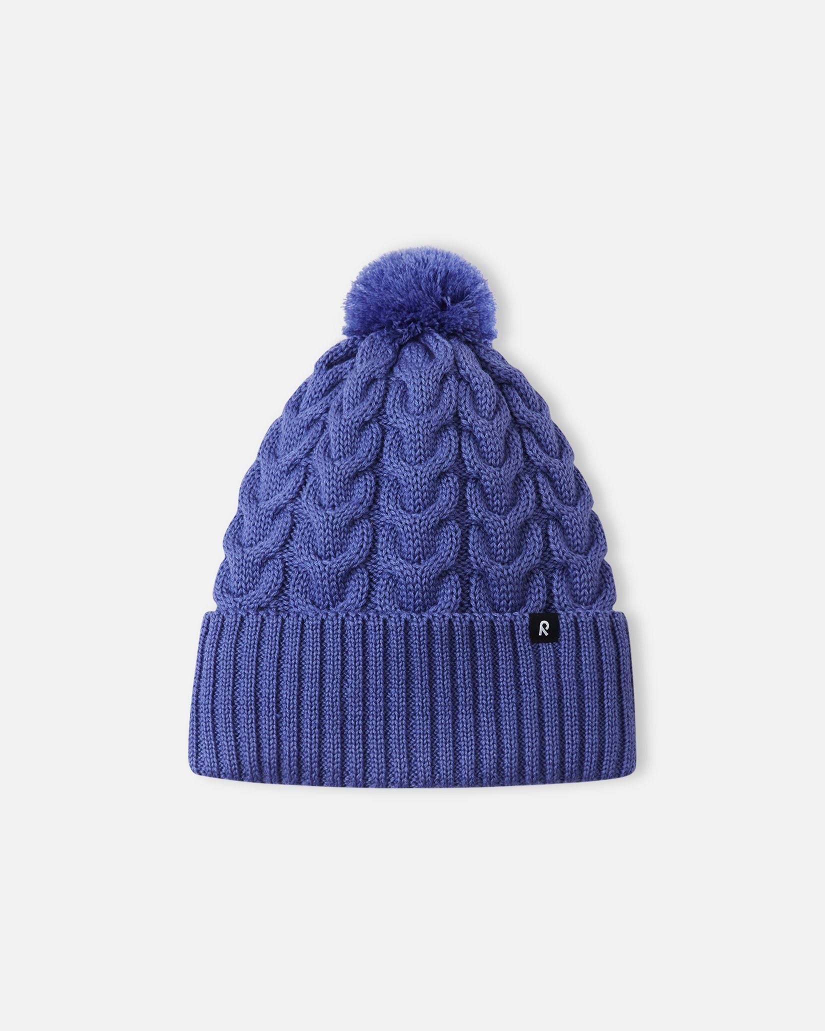 Alternate front flat lay view of the breezy violet Reima Routii children's merino wool blend beanie, featuring a wide ribbed cuff and a classic cable knit structure perfect for everyday winter thermal control.