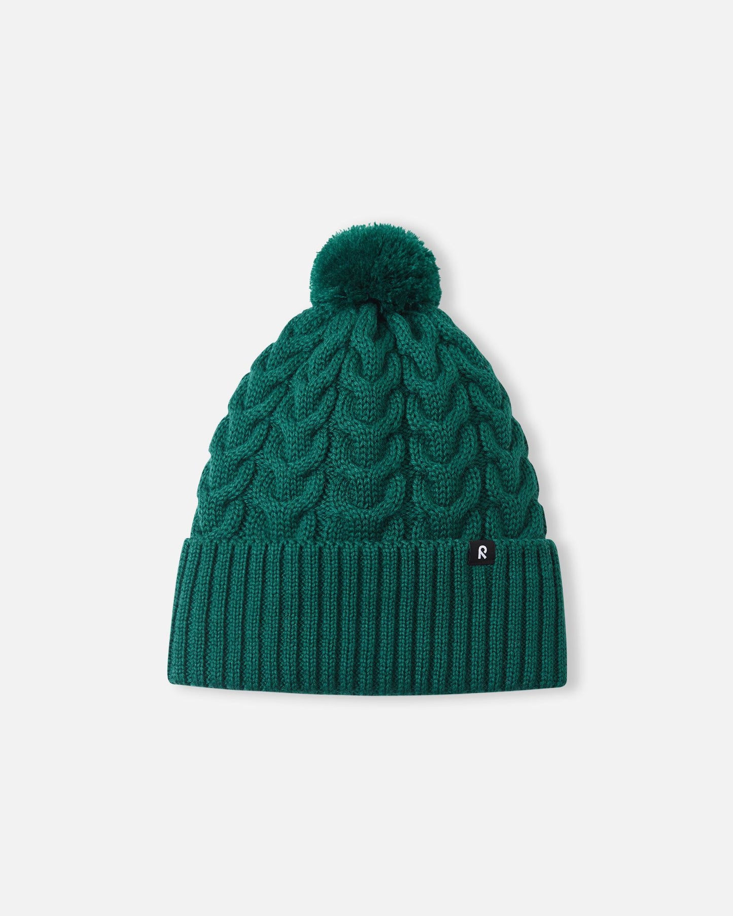 Alternate front flat lay view of the deeper green Reima Routii children's merino wool blend beanie, featuring a wide ribbed cuff and a classic cable knit structure perfect for everyday winter thermal control.