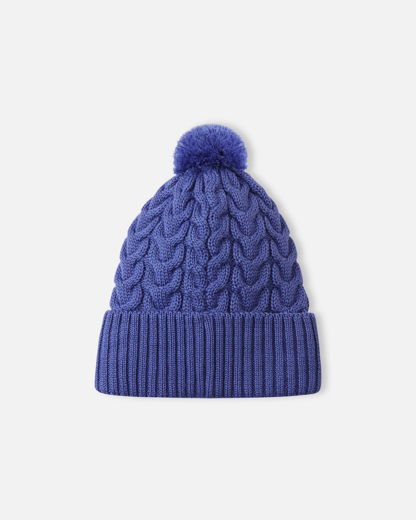 Back flat lay view of the breezy violet Reima Routii kids' knitted beanie, displaying the continuous warm cable knit pattern and cozy yarn pom-pom designed to retain body heat during winter sports.