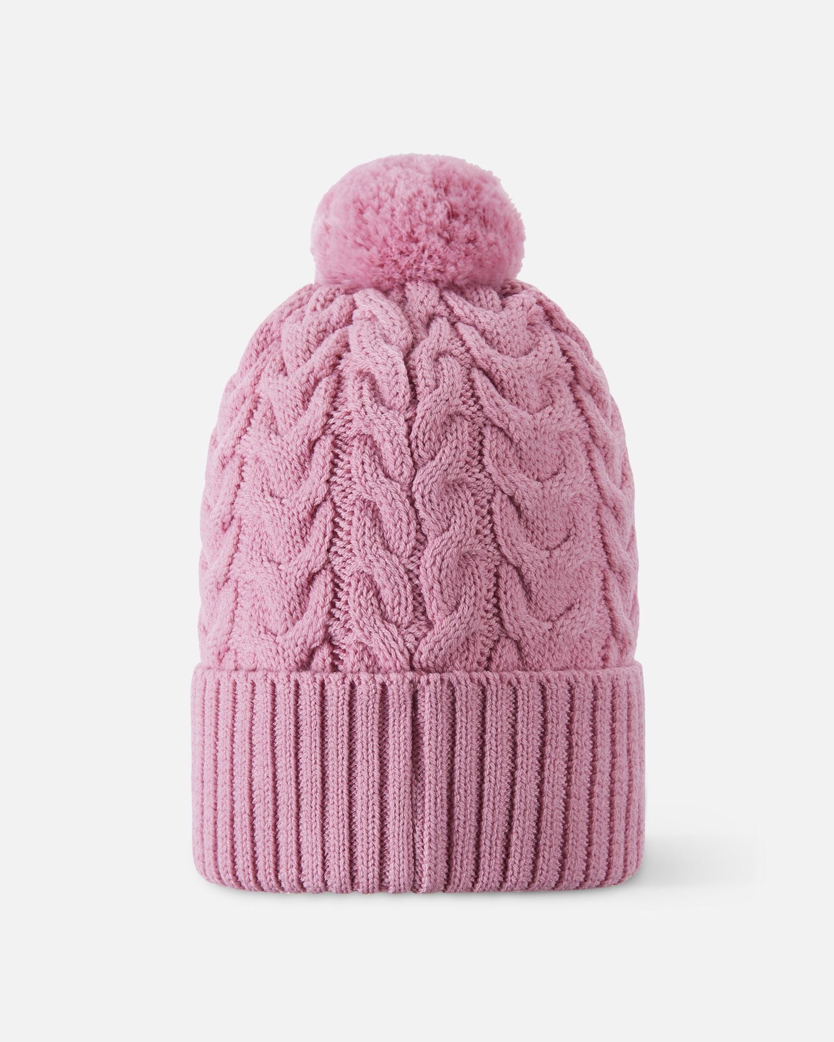 Back flat lay view of the grey pink Reima Routii kids' knitted beanie, showcasing the seamless continuation of the warm cable knit pattern and the soft yarn pom-pom engineered for cold weather.