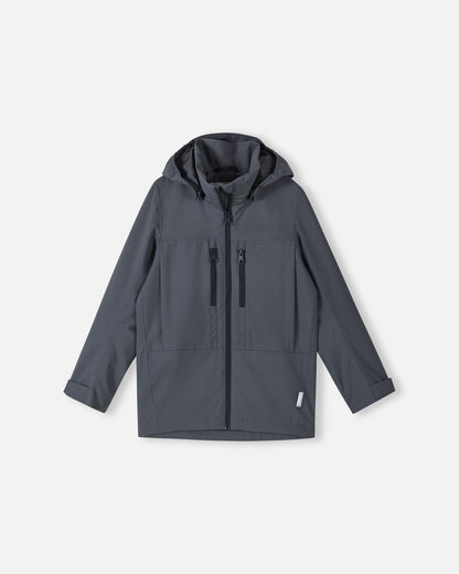 Front view of the Reima Saarela kids waterproof jacket in soft black, featuring a full front zip, protective hood, and two zippered chest pockets.