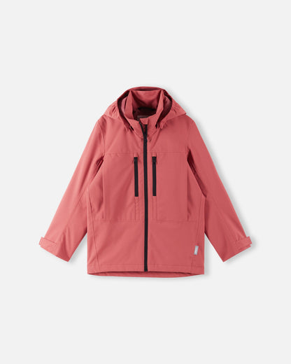 Front view of the Reima Saarela kids' waterproof Reimatec shell jacket in red clay, featuring a full-zip front, a detachable hood, and two zippered chest pockets designed for unpredictable spring and autumn weather.