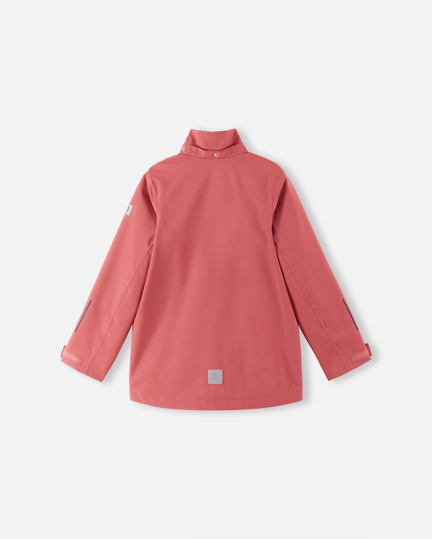 Back view of the Reima Saarela kids' red clay shell jacket with the detachable hood removed, highlighting the high stand-up collar with snap closures and a clean, protective outdoor silhouette.