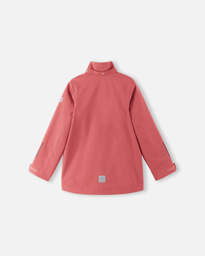 Back view of the Reima Saarela kids' red clay shell jacket with the detachable hood removed, highlighting the high stand-up collar with snap closures and a clean, protective outdoor silhouette.