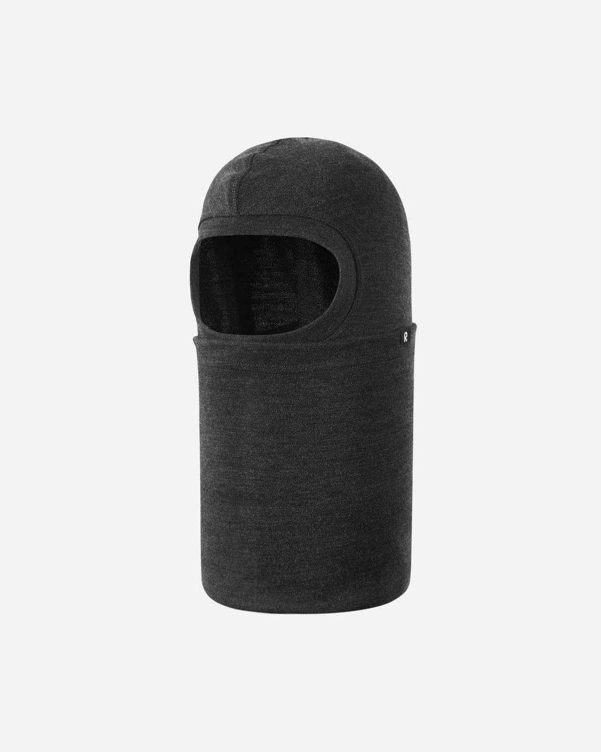 Front angled view of the black melange Reima Salassa kids' 100% wool balaclava, featuring a stretchy face opening and a long neck gaiter design to trap body heat and serve as a highly breathable winter base layer.