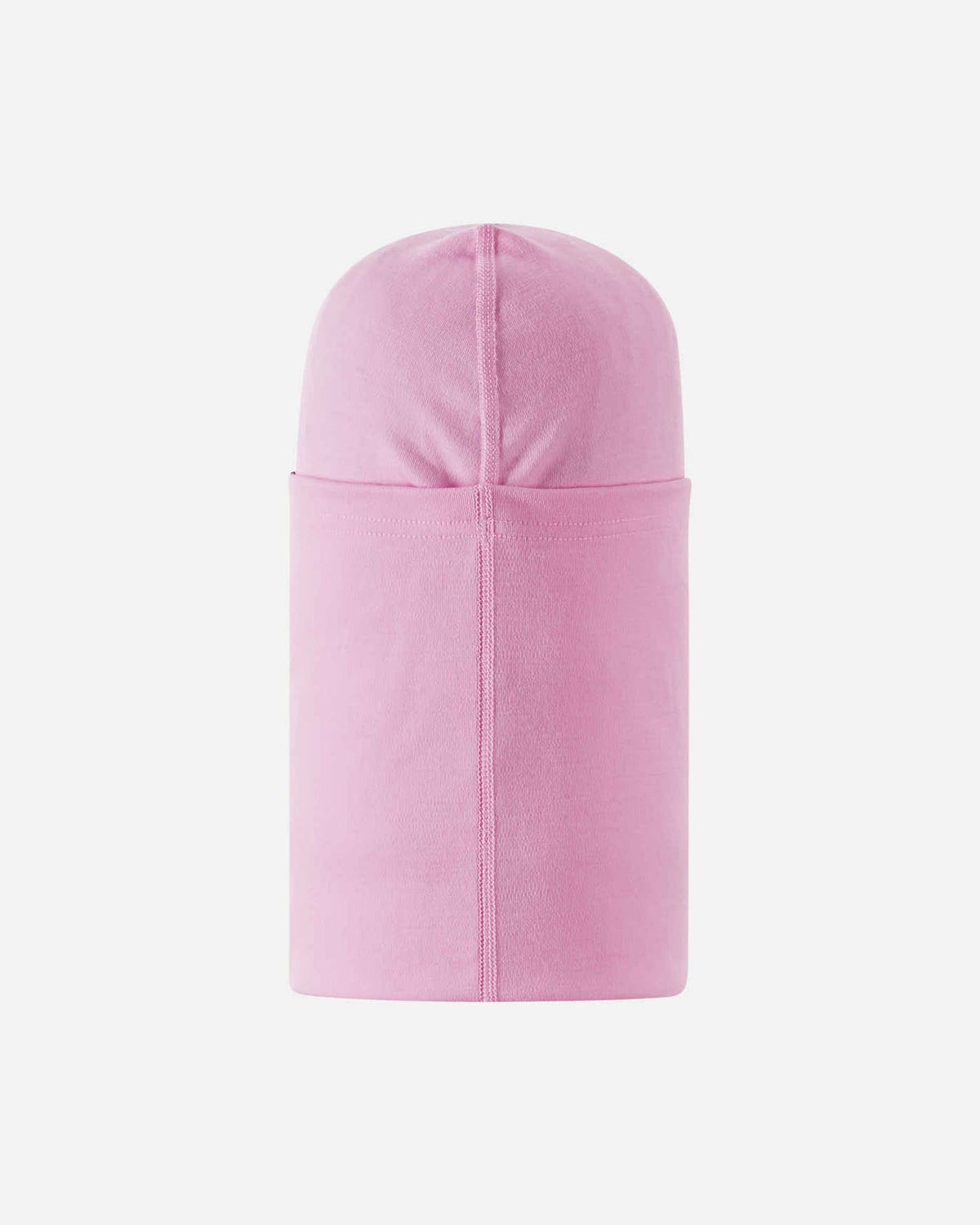 Back flat lay view of the pale rose Reima Salassa kids' wool base layer balaclava, showcasing the smooth, contoured construction designed to fit comfortably under a heavy winter beanie or alpine ski helmet.