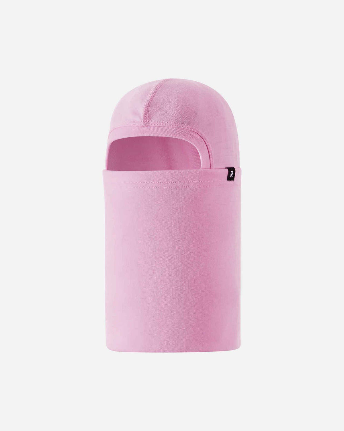 Front flat lay view of the pale rose Reima Salassa kids' 100% wool balaclava. The image highlights the snug face opening and extended neck coverage, making it an ideal thermal base layer for winter sports and outdoor play.