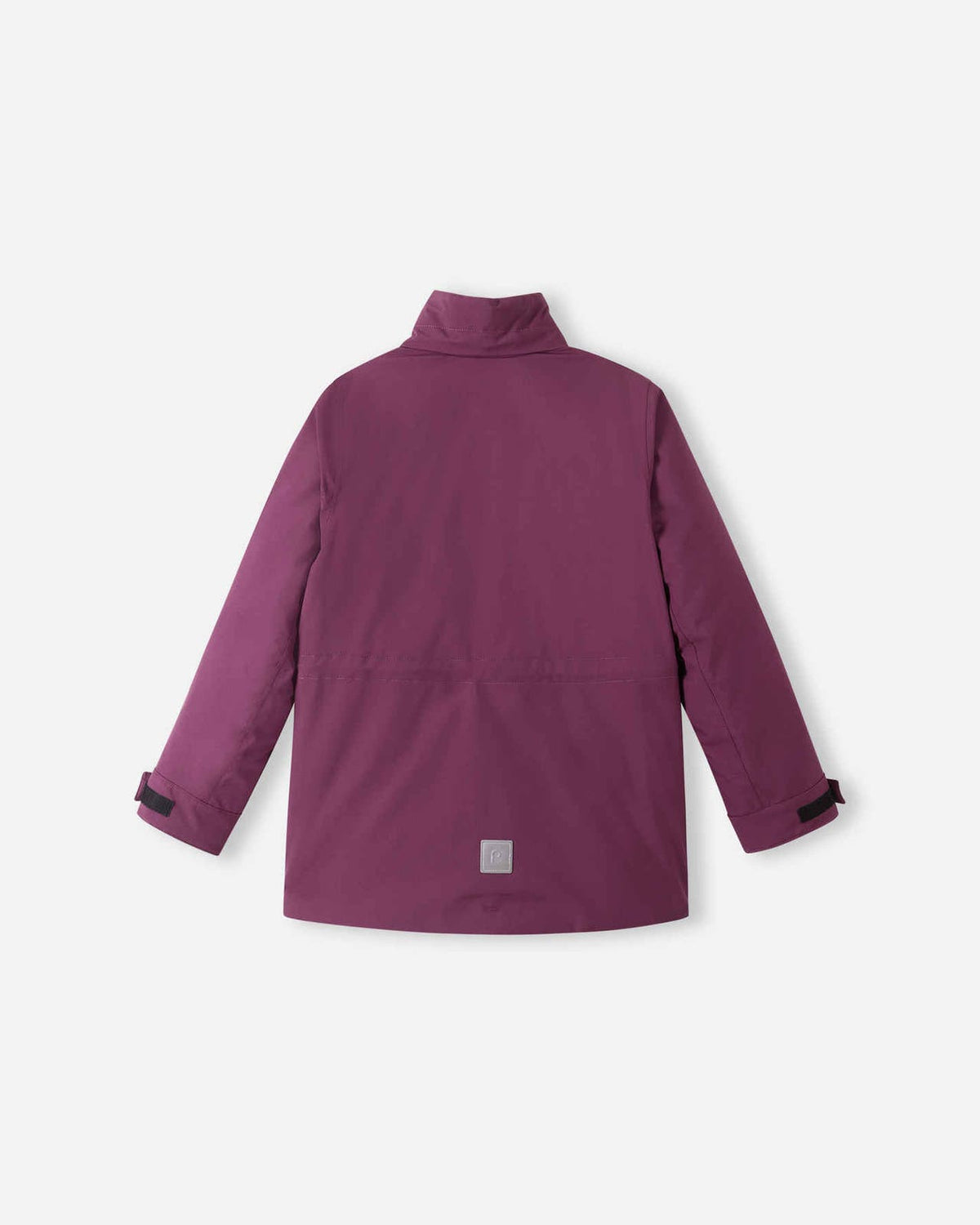 Full back profile of the deep purple Reima Serkkula kids' winter jacket with the detachable hood completely removed, showing the insulated stand-up neck collar.