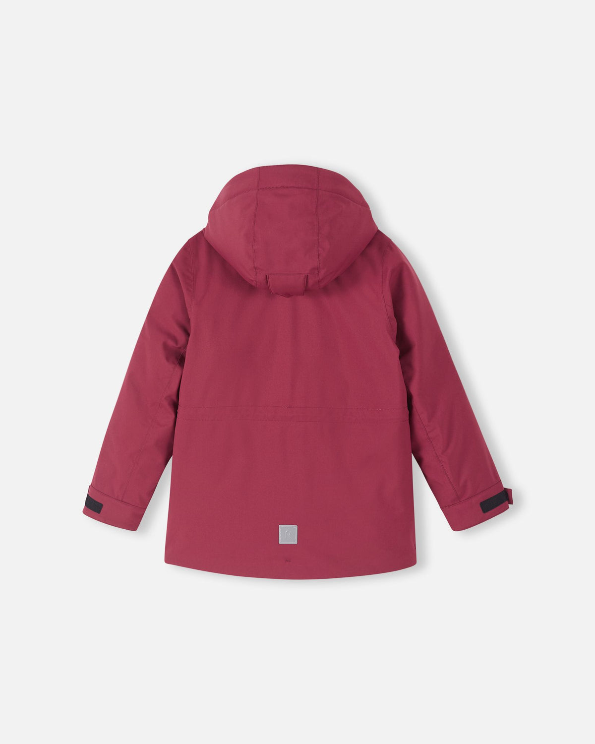 A flat back view of the maroon Reima Serkkula kids' down parka winter jacket against a plain light background, with the hood resting flat.