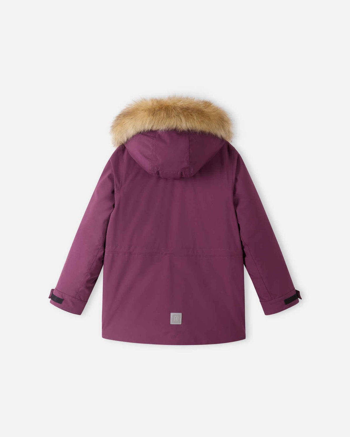 Back view of the deep purple Reima Serkkula kids' winter down parka showcasing the faux-fur trimmed hood, durable waterproof outer shell, and lower hem reflective safety emblem.