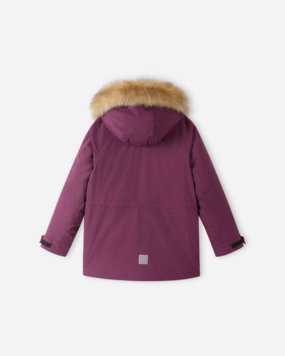 Back view of the deep purple Reima Serkkula kids' winter down parka showcasing the faux-fur trimmed hood, durable waterproof outer shell, and lower hem reflective safety emblem.