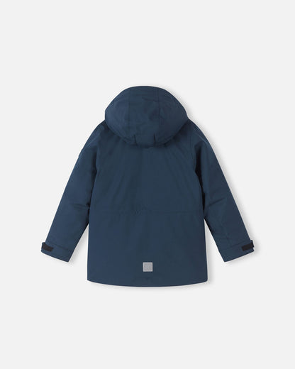 Back view of the navy Reima Serkkula kids' winter down parka jacket with the hood resting flat on a plain background.