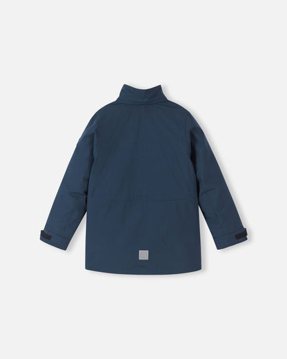 Rear view of the navy Reima Serkkula kids' parka with the detachable hood removed, showcasing the insulated stand-up collar.