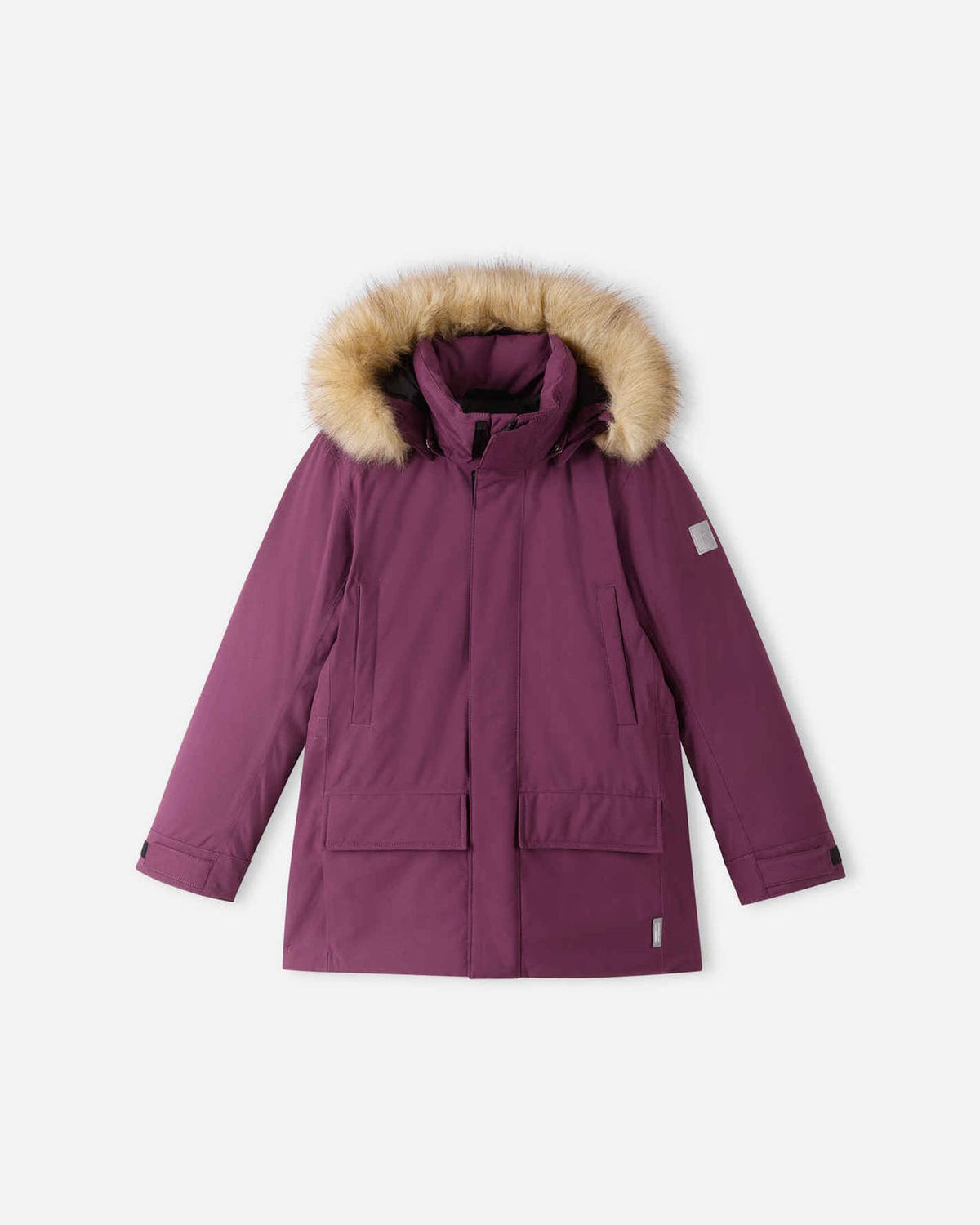Full front view of the Reima Serkkula kids' Reimatec waterproof down parka jacket in deep purple featuring an insulated hood with faux-fur trim, storm flap closure, and large front pockets on a solid off-white background.