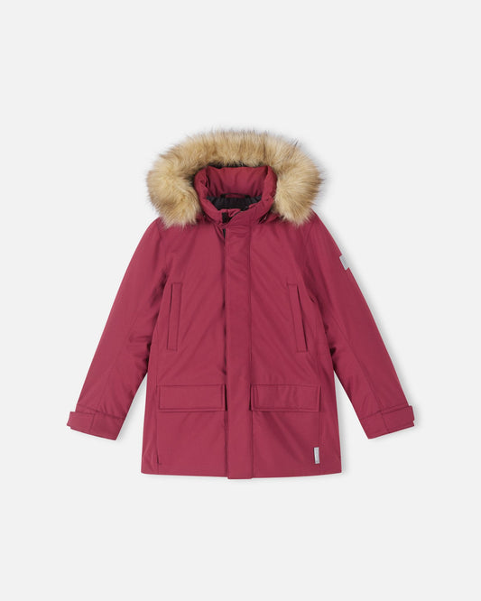 A full front view product image of the maroon Reima Serkkula kids' Reimatec down parka winter jacket on a plain light background. The jacket features a high collar and an insulated hood with light brown faux fur trim.