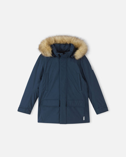 Front product view of the Reima Serkkula kids' Reimatec waterproof down parka in navy blue with faux-fur hood trim on a white background.