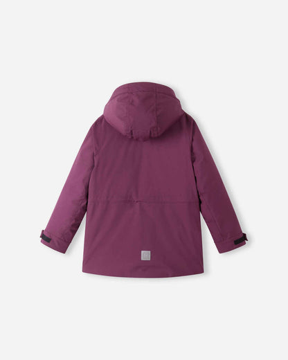 Rear product view of the deep purple Reima Serkkula kids' down parka jacket with the hood folded back flat, displaying the waist shaping seam and rear reflective patch.